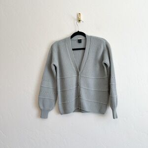 Magaschoni | Wool Cashmere Balloon Sleeve Knit Cardigan Sweater in Seaside Blue